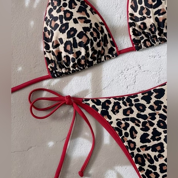 Leopard Print Halter Red Bows Side Tie Bikini Set - Picture 5 of 8